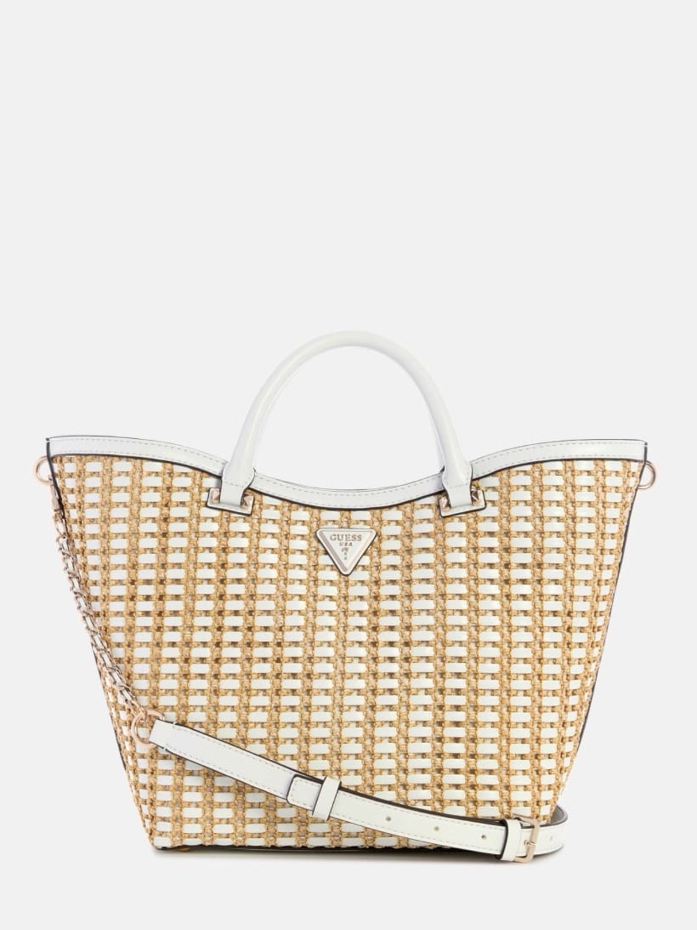 New GUESS White and Natural Woven Tote with Detachable Strap